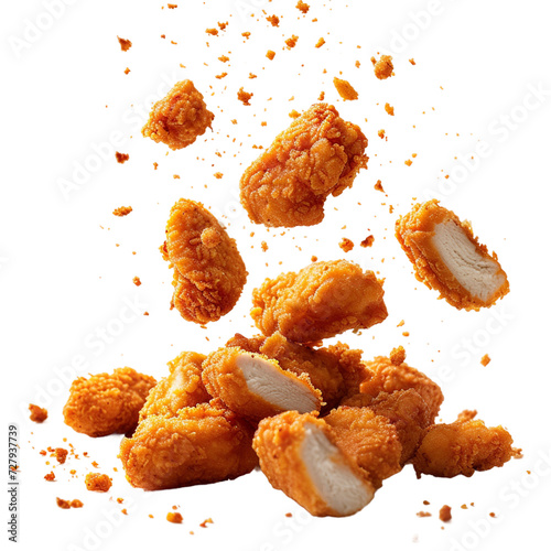 
Fried chicken nuggets with crumbs falling.
