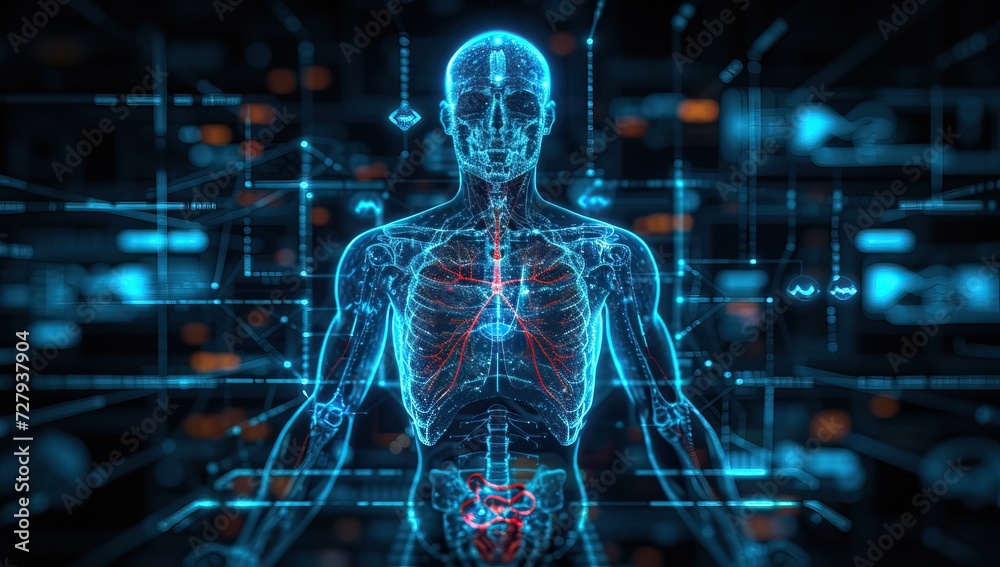 X ray view of human body with highlighted circulatory system