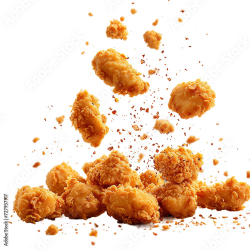  Fried chicken nuggets with crumbs falling. 