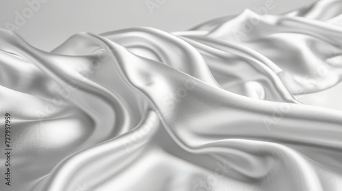 A shiny satin fabric, flowing gracefully, reflecting light off its smooth surface, and revealing its luxurious sheen against a white backdrop