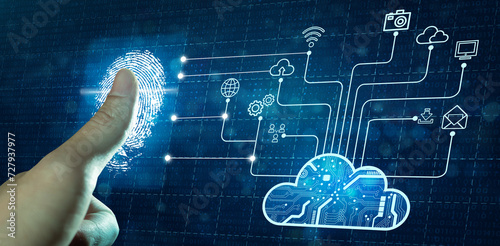 Businessman fingerprint scan on network connection with technology background. Cloud computing, Cyber Security, Data Protection, and network security Concept.