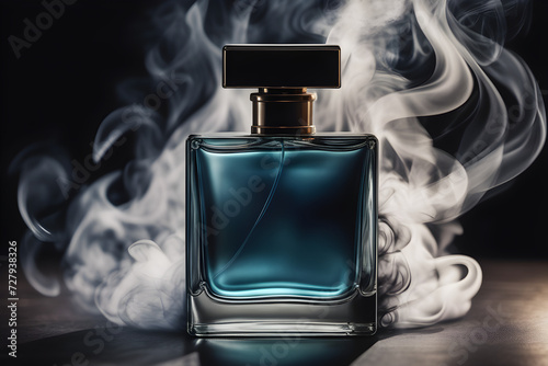 dark blue bottle of men's perfume on a black background in white smoke, close up, fragrant, aroma, cologne