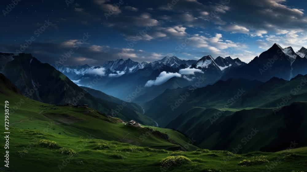 Obraz premium Starry night over snowy mountains and green valley