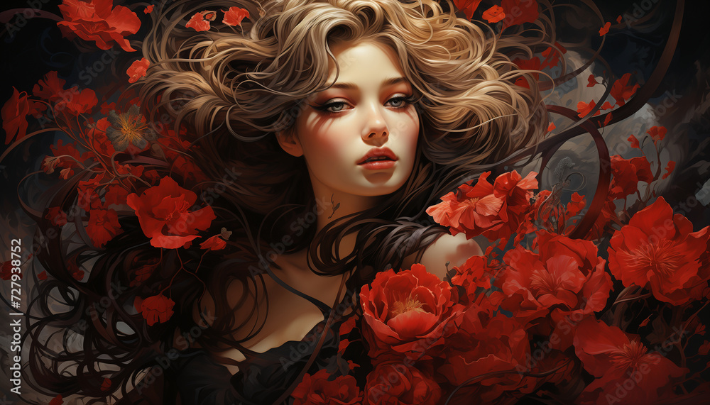 Rose Queen: A Portrait of Beauty Amid a Sea of Red Petals