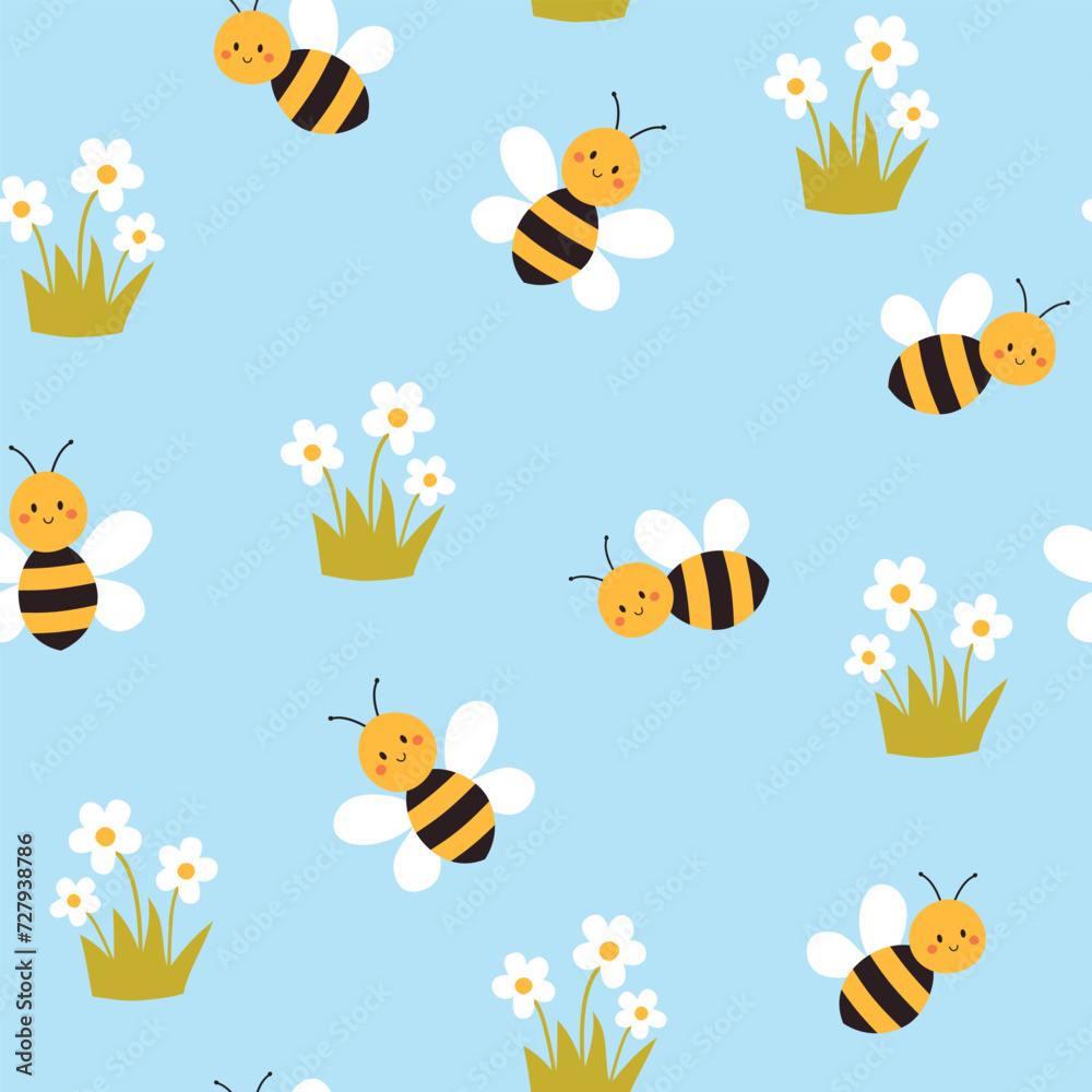 Seamless pattern with bee and daisy. Childish background. Vector illustration. It can be used for wallpapers, wrapping, cards, patterns for clothes and others. Seamless pattern with bee and daisy. Childish background. Vector illustration. It can be used for wallpapers, wrapping, cards, patterns for clothes and others.