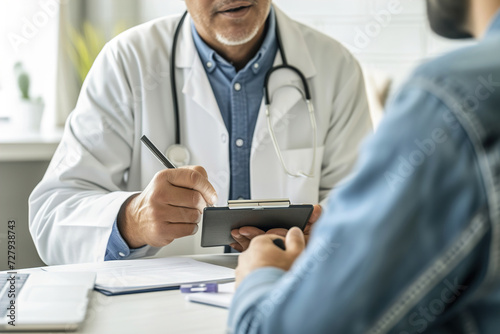 Patient consultation. A doctor discussing personalized genomic results with a patient, individualized medical interventions.