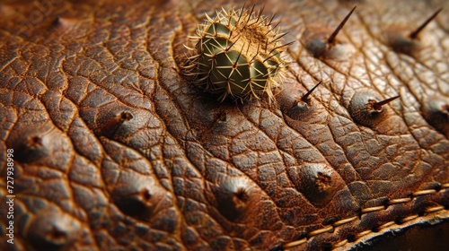 A macro shot of Cactus (Desserto) Leather, emphasizing its sturdy, textured surface and vibrant, desert-inspired color, with a piece of prickly cactus at the top photo