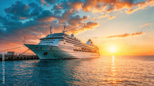 A luxury cruise ship basks in the glow of a breathtaking sunset at sea, with vibrant colors reflecting off the calm waters.