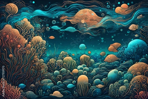Abstract underwater world with bioluminescent waves