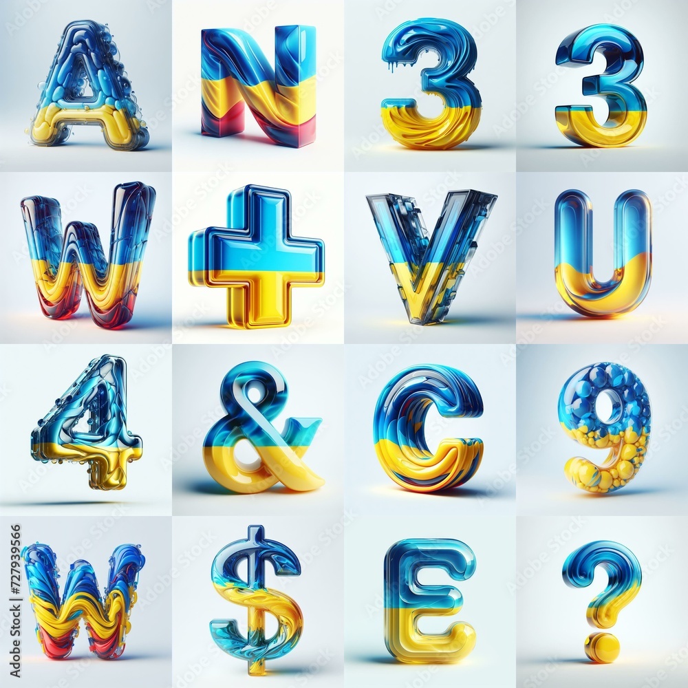 Fototapeta premium Glasss lettering in color of Ukraine flag. AI generated illustration