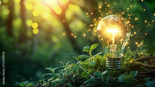 idea light bulb in green forest, environment