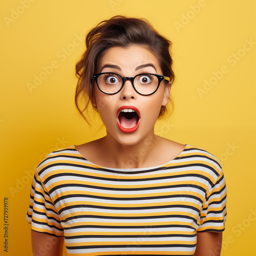 Young lady surprised isolated yellow background glasses lipstick long hair © Thy Art Studios