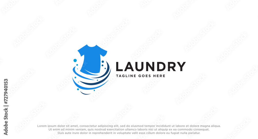 laundry logo in shades of blue with bubbles foam and washing clothes, simple creative logo, icon vector inspiration. - obrazy, fototapety, plakaty 