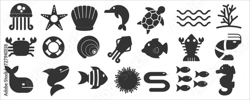 Flat icons with sea creatures and symbols. Vector illustration.