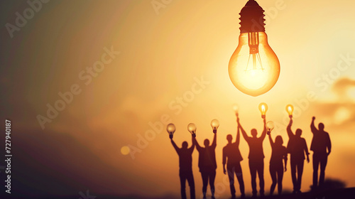 people with idea light bulbs, teamwork, brainstorm