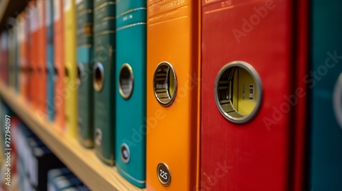 Colorful office binders neatly arranged on a shelf photo