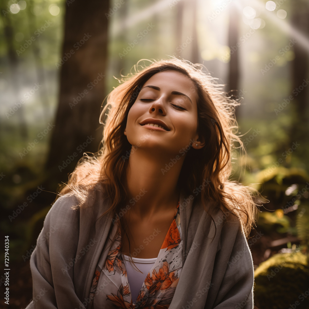 Naklejka premium Serene young woman breathing in fresh air in the sunlight of a lush forest