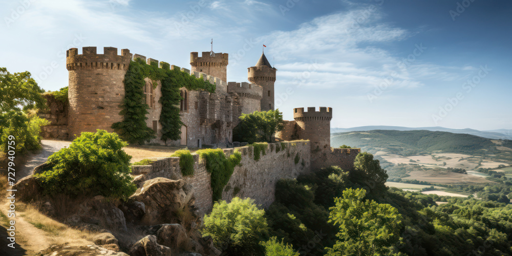 Medieval Castle Tower: A Majestic Landmark of Ancient History and European Architecture, Standing Tall amidst a Blue Sky and Stone Walls, Evoking a Sense of Historical Grandeur and Charm. - obrazy, fototapety, plakaty 