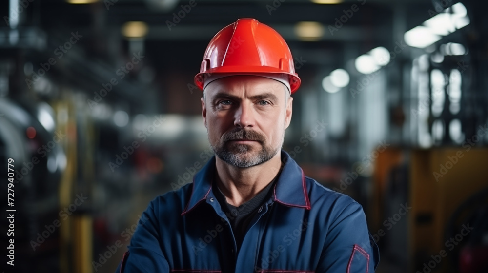 Blue collar worker wearing hard hat and uniform at industrial plant