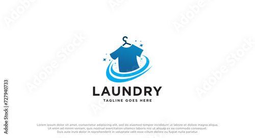 laundry logo in shades of blue with bubbles foam and washing clothes, simple creative logo, icon vector inspiration.