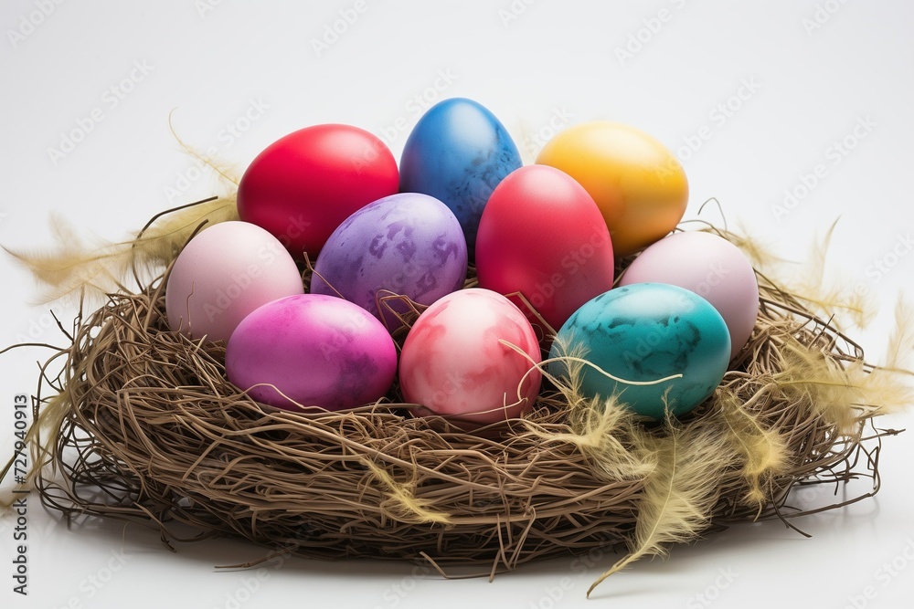 Colored Easter eggs in a low straw basket Colored Easter eggs in a low straw basket