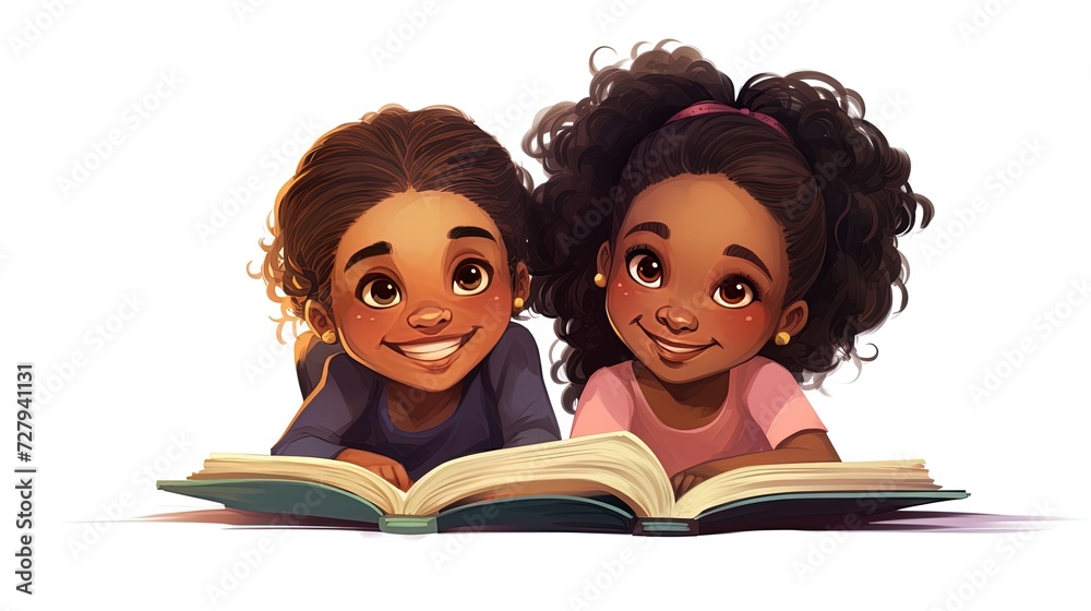 Joyful little child girls with smiles reading books, lying on the floor isolated on a white background Joyful little child girls with smiles reading books, lying on the floor isolated on a white background