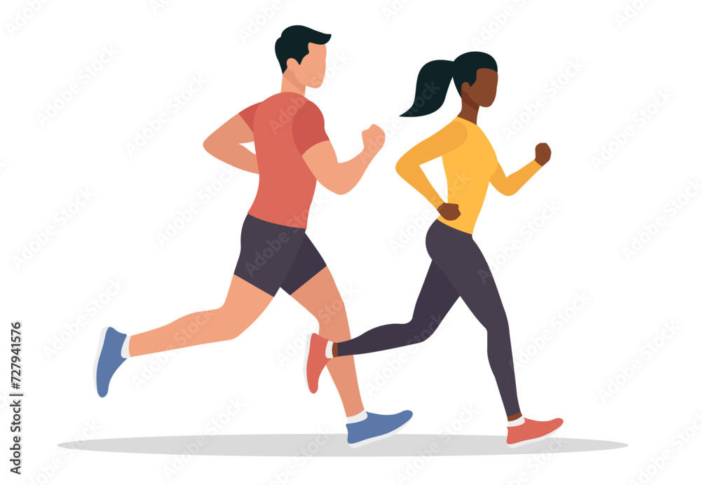 Running woman and man. Vector illustration. Flat design. Isolated on a white background