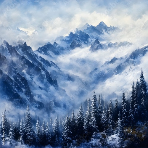 A spectacular landscape with mountain ridges or peaks, Christmas trees covered with snow and shrouded in fog. Generative AI © Karen