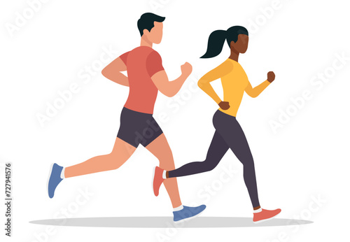 Running woman and man. Vector illustration. Flat design. Isolated on a white background