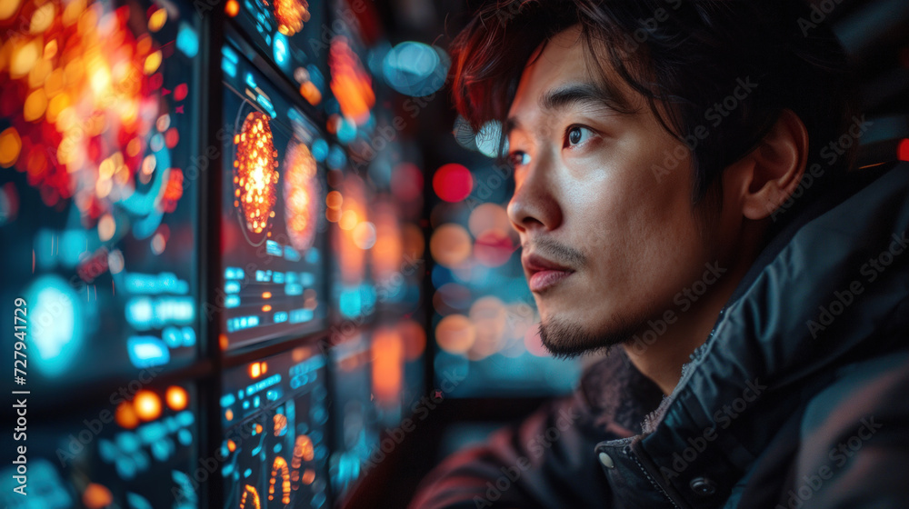 Asian Analyst Intensely Monitoring Multiple Data Screens