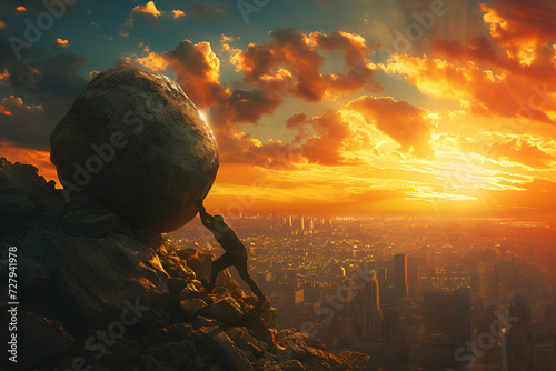 Man Pushing Boulder Up Mountain, Symbol of Struggle, Perseverance, Determination, Overcoming Challenges, Sunset Cityscape Background