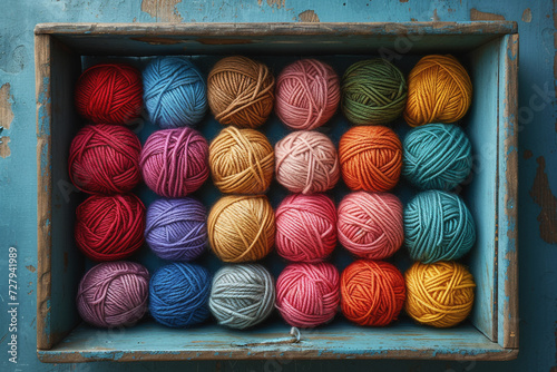 A box full of colorful yarns,. The yarns are of various shades and textures, including red, blue, yellow, and grey.A box full of colorful yarns,. The yarns are of various shades and textures, includin photo