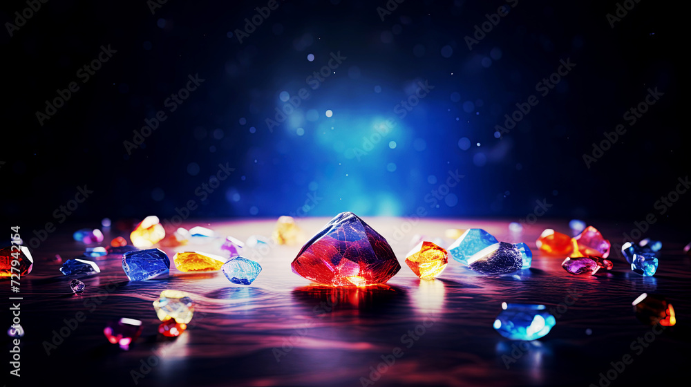 The crystal lies on the surface against the background of the flash. Illustration of a magic stone on a blurred shiny background with a side - obrazy, fototapety, plakaty 