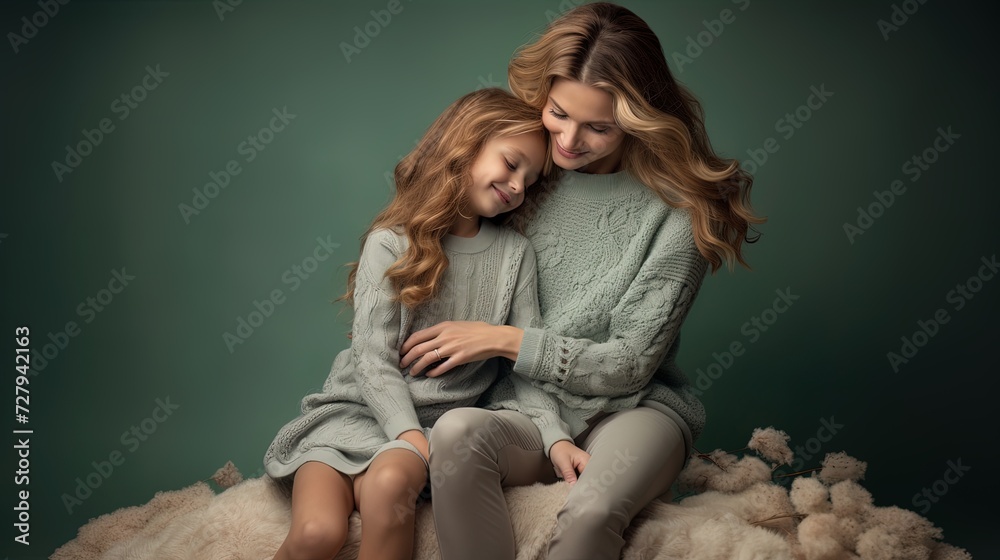 Happy Beautiful mother and young daughter sitting, embracing each other in love and affection, mom with child girl on emerald ground Happy Beautiful mother and young daughter sitting, embracing each other in love and affection, mom with child girl on emerald ground