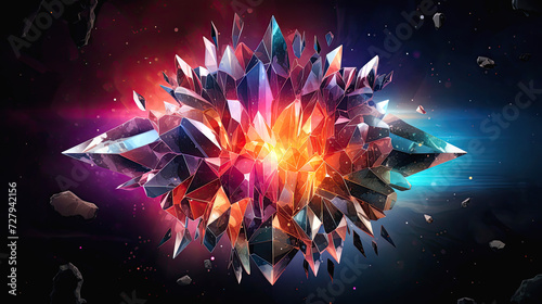A bright sparkling polycrystal filled with light on a dark background.  Illustration of a magic multicolored stone or glass
