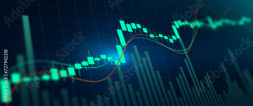 Stock graph and chart with business candlestick. Financial static analysis with growing financial charts. Online trading, Investment, Strategy market plan, and Stock market fluctuations Concept.