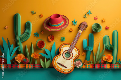 Paper cut art, Cinco de Mayo festive holiday greeting card