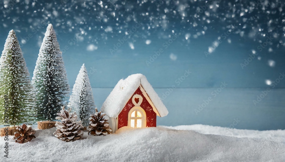 Winter landscape wallpaper with group of small trees, snow and small house