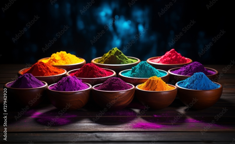 Happy holi festival . Colourful holi powder in bowls on dark background