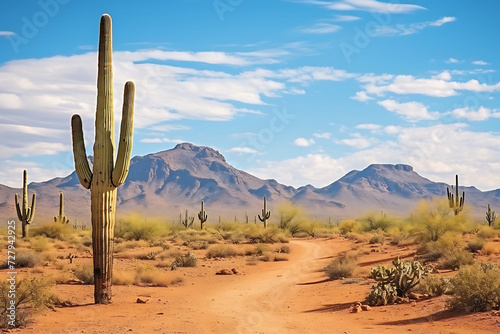 desert landscape with Saguaro cactus in a sunny day, harsh and dry mountains path or road concept 
