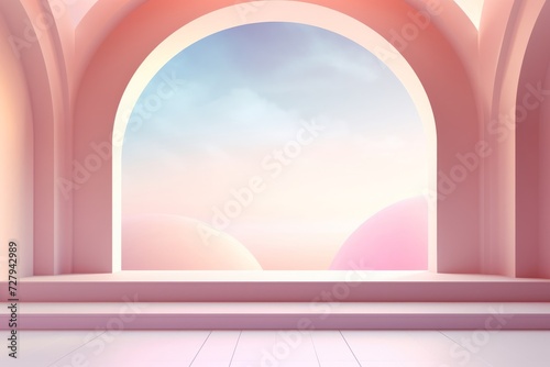 Pastel abstract illustration depicting pink arched staircase steps with empty space for mock up product presentation against a blue sky background