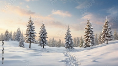 winter landscape wallpaper with group of small trees and snow © ngoc