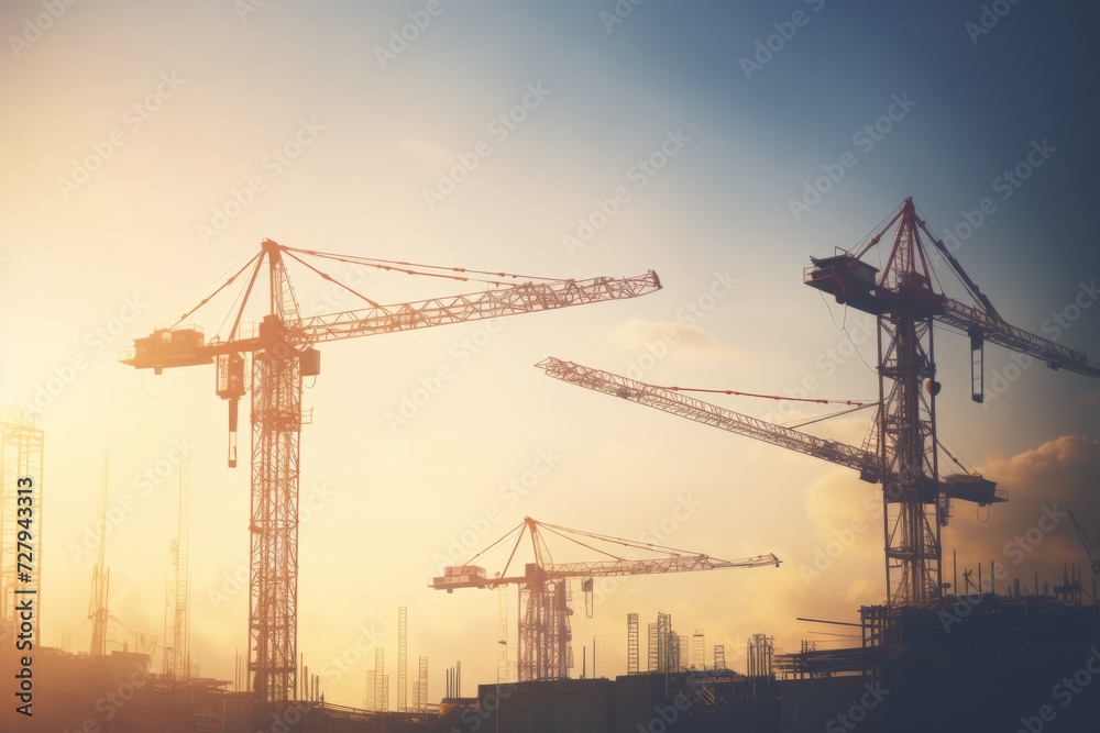 Tower construction crane in the sunset rays, construction and real estate concept, construction business