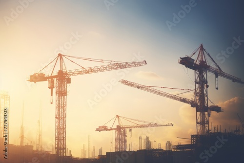 Tower construction crane in the sunset rays, construction and real estate concept, construction business
