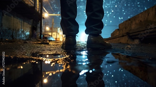 closeup shot of person standing in puddle after rain, reflection of night with stars and sky light, romantic abstract concept © goami