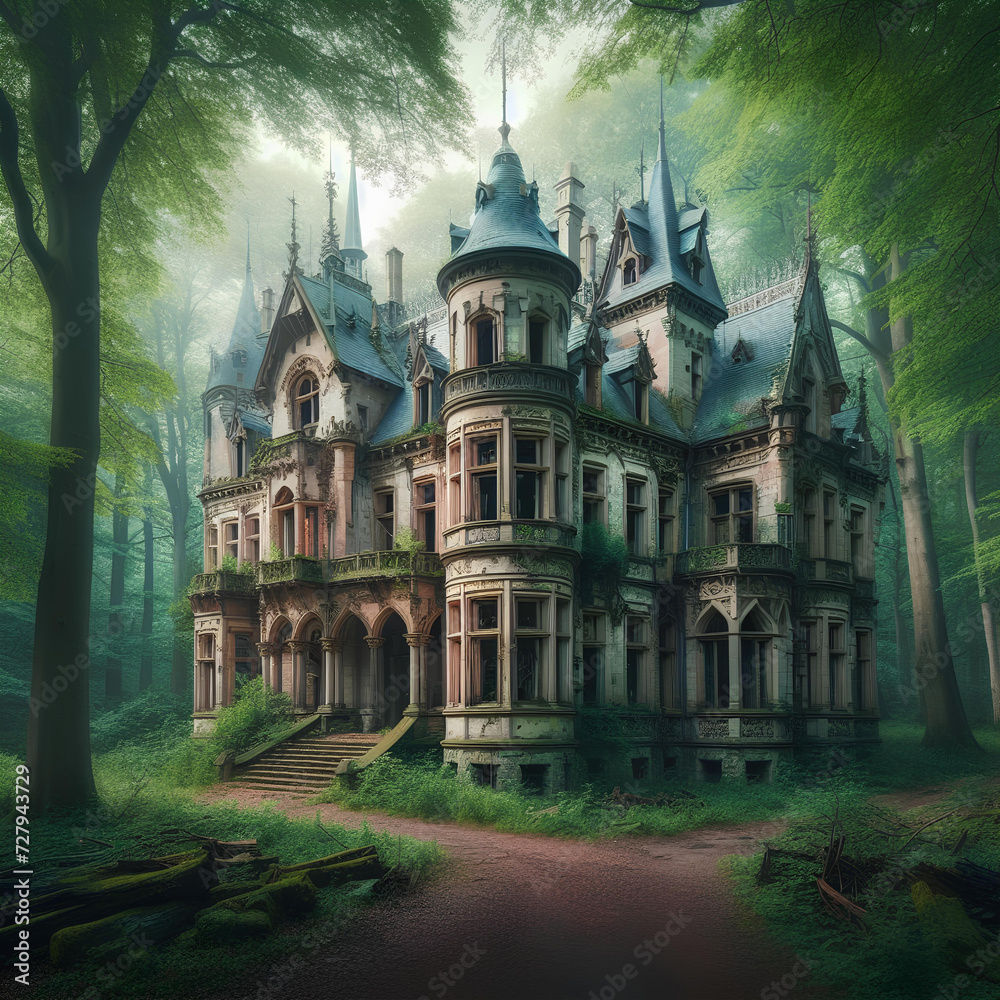 Obraz premium gorgeous abandoned medieval mansion in a fairytale forest photo realistic