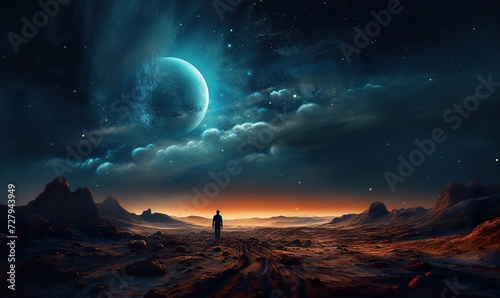 person exploring far worlds with planets and moons, universe discovery concept, fantasy and science fiction photo