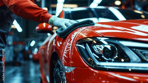 Professional Detailing of High-Performance Red Car in Auto Shop © Andrei