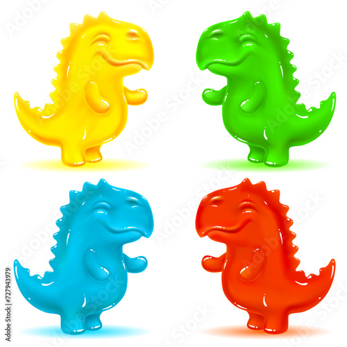 cute colored jelly dinosaurs on a white background. bright gummy animals candies. orange, yellow, blue and green candy. greeting card. isolated vector illustration.