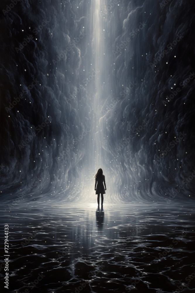 person in surreal futuristic world, universe and energy concept person in surreal futuristic world, universe and energy concept